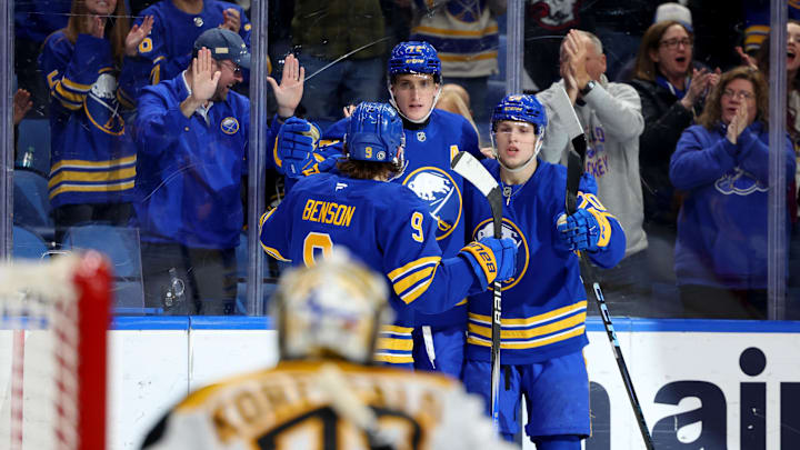 Apr 6, 2025; Buffalo, New York, USA;  Buffalo Sabres center Tage Thompson (72) celebrates his goal with teammates during the second period against the Boston Bruins at KeyBank Center. Mandatory Credit: Timothy T. Ludwig-Imagn Images