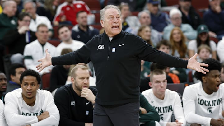 Mar 13, 2026; Chicago, IL, USA; Michigan State Spartans head coach Tom Izzo reacts during the first half at United Center. Mandatory Credit: Kamil Krzaczynski-Imagn Images