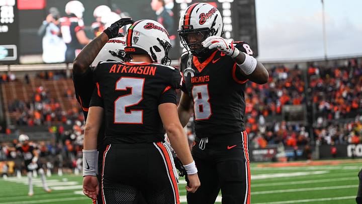 Sep 12, 2026; Corvallis, Oregon, USA; Oregon State quarterback Braden Atkinson (2), wide receiver Aeryn Hampton (7) and tight end DeCorion Temple (8) celebrate a touchdown against Texas Tech in the third quarter at Reser Stadium. Mandatory Credit: Kallie Hansel-Tennes-Imagn Images Sep 12, 2026; Corvallis, Oregon, USA; Oregon State quarterback Braden Atkinson (2), wide receiver Aeryn Hampton (7) and tight end DeCorion Temple (8) celebrate a touchdown against Texas Tech in the third quarter at Reser Stadium. Mandatory Credit: Kallie Hansel-Tennes-Imagn Images