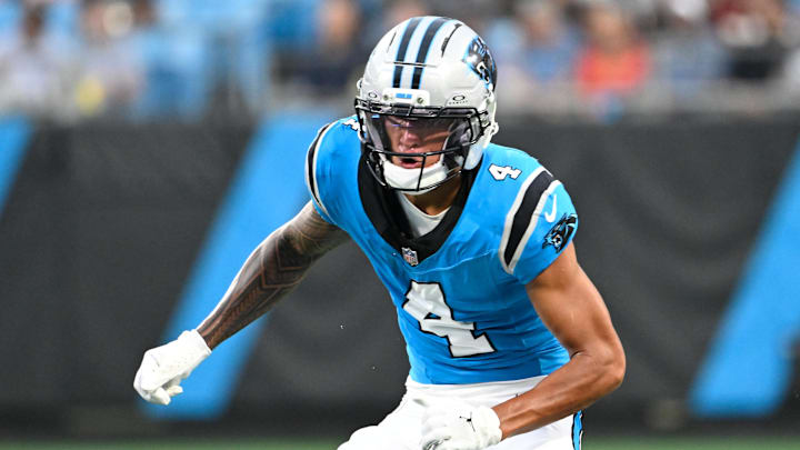 Carolina Panthers wide receiver Tetairoa McMillan (4) on the field in the second quarter at Bank of America Stadium. Carolina Panthers wide receiver Tetairoa McMillan (4) on the field in the second quarter at Bank of America Stadium.