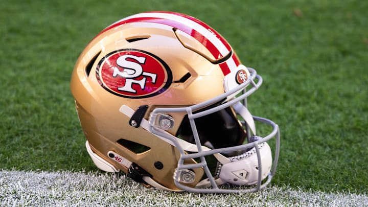 Jan 5, 2025; Glendale, Arizona, USA; Detailed view of a San Francisco 49ers helmet at State Farm Stadium. Mandatory Credit: Mark J. Rebilas-Imagn Images