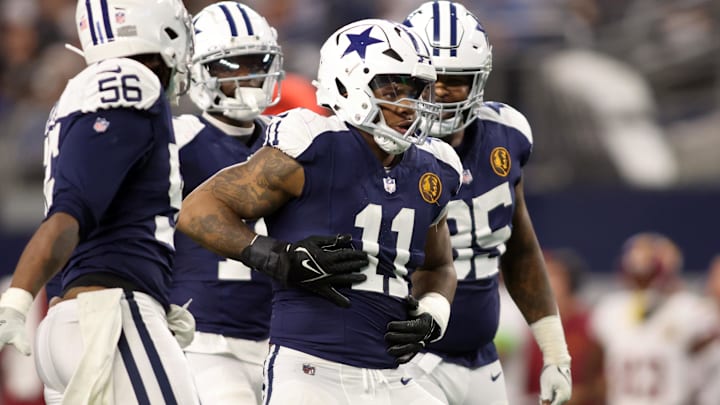 Nov 23, 2023; Arlington, Texas, USA; Dallas Cowboys linebacker Micah Parsons (11) celebrates a sack