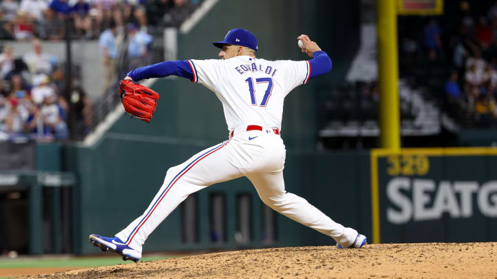 Jul 2, 2024; Arlington, Texas, USA;  Texas Rangers starting pitcher Nathan Eovaldi (17) throws during the seventh inning against the San Diego Padres at Globe Life Field. Mandatory Credit: Kevin Jairaj-USA TODAY Sports