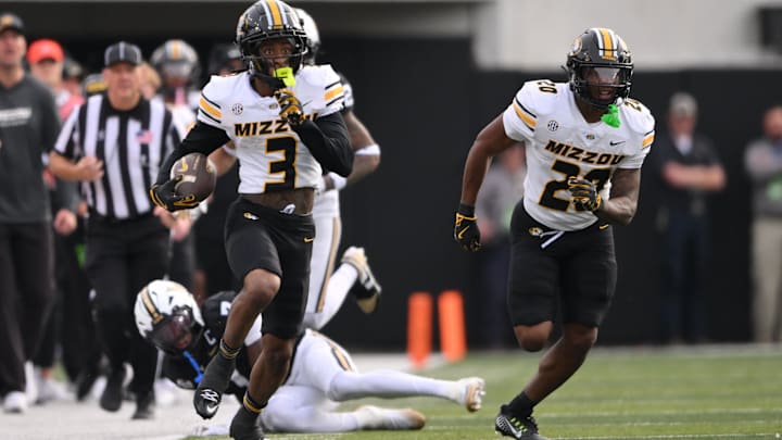 Oct 25, 2025; Nashville, Tennessee, USA; Missouri Tigers wide receiver Kevin Coleman Jr. (3) runs the football against the Vanderbilt Commodores during the second quarter at FirstBank Stadium. Mandatory Credit: Steve Roberts-Imagn Images
