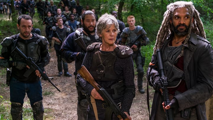 Khary Payton as Ezekiel, Melissa McBride as Carol Peletier, Cooper Andrews as Jerry, Carlos Navarro as Alvaro - The Walking Dead season 8 Khary Payton as Ezekiel, Melissa McBride as Carol Peletier, Cooper Andrews as Jerry, Carlos Navarro as Alvaro - The Walking Dead season 8