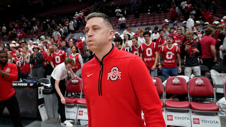 Ohio State Buckeyes head coach Jake Diebler reacts following the second overtime of the NCAA men's basketball game against the Nebraska Cornhuskers at Value City Arena in Columbus on March 4, 2025. Ohio State won 116-114.