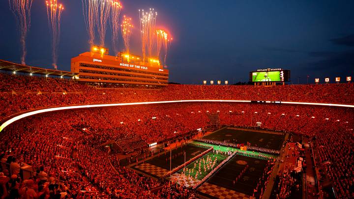 Sep 19, 2026; Knoxville, Tennessee, USA; Fireworks go off as the Tennessee football team runs through the Power T before Tennessee's college football game against Kennesaw State at Neyland Stadium in Knoxville on Sept. 19, 2026. Mandatory Credit: Brianna Paciorka/News Sentinel-USA TODAY NETWORK via Imagn Images Sep 19, 2026; Knoxville, Tennessee, USA; Fireworks go off as the Tennessee football team runs through the Power T before Tennessee's college football game against Kennesaw State at Neyland Stadium in Knoxville on Sept. 19, 2026. Mandatory Credit: Brianna Paciorka/News Sentinel-USA TODAY NETWORK via Imagn Images