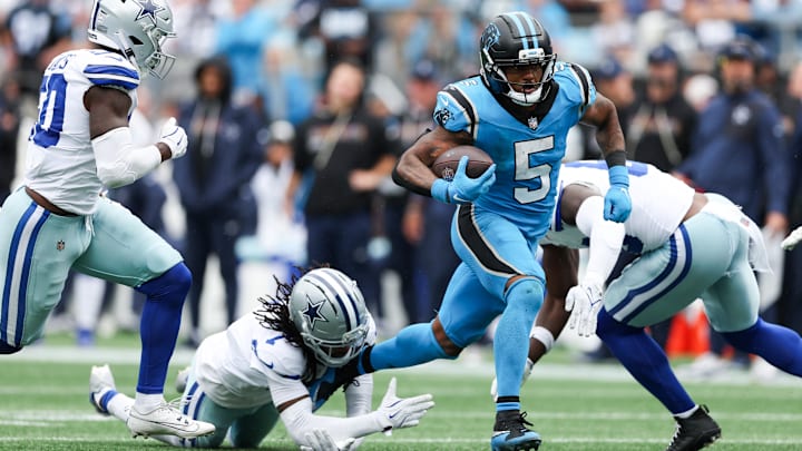 Carolina Panthers running back Rico Dowdle runs with the ball against the Dallas Cowboys at Bank of America Stadium. 