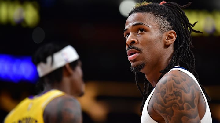Apr 24, 2023; Los Angeles, California, USA; Memphis Grizzlies guard Ja Morant (12) reacts during the first half in game four of the 2023 NBA playoffs at Crypto.com Arena. Mandatory Credit: Gary A. Vasquez-USA TODAY Sports