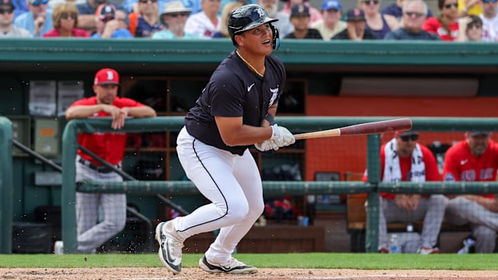 Feb 27, 2025; Lakeland, Florida, USA; Detroit Tigers second baseman Hao-Yu Lee (85) watches a fly ball during the fourth inning against the Boston Red Sox at Publix Field at Joker Marchant Stadium.