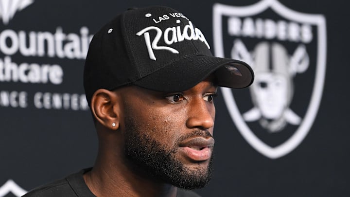 Mar 16, 2023; Henderson, NV, USA; New Las Vegas Raiders safety Brandon Facyson speaks to the media at Intermountain Healthcare Performance Center. Mandatory Credit: Candice Ward-USA TODAY Sports