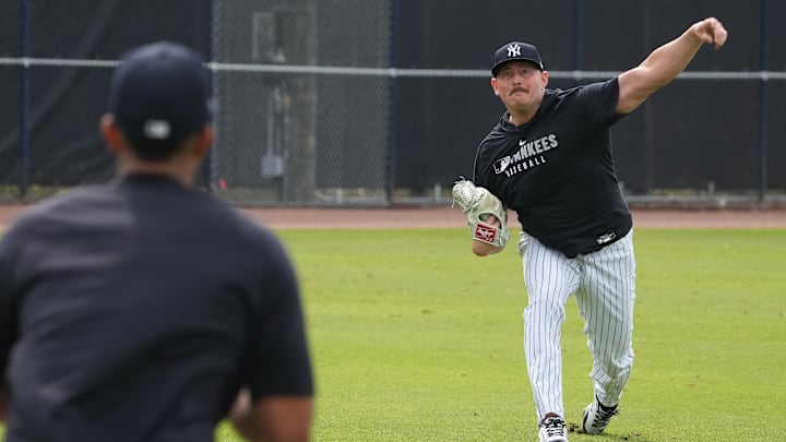 Feb 19, 2025; Tampa, FL, USA; New York Yankees pitcher Tyler Matzek (68) throws a ball during spring training practice at George M. Steinbrenner Field. 