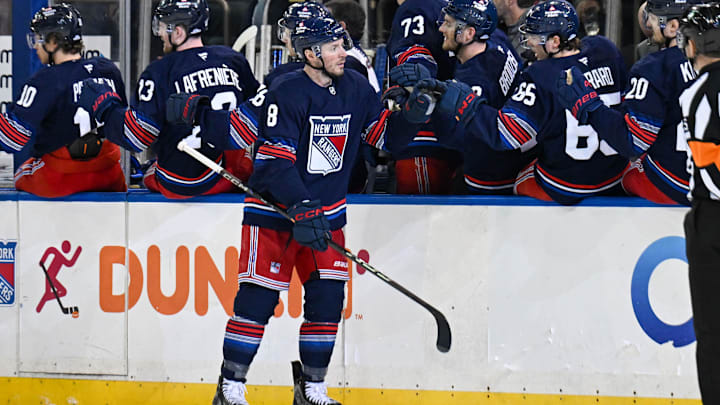Apr 9, 2025; New York, New York, USA;  New York Rangers left wing J.T. Miller (8) celebrates his goal against the Philadelphia Flyers during the third period at Madison Square Garden. Mandatory Credit: Dennis Schneidler-Imagn Images