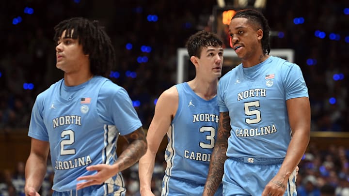 Mar 9, 2024; Durham, North Carolina, USA; North Carolina Tar Heels guard Cormac Ryan (3) talks to