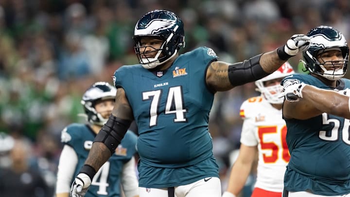 Feb 9, 2025; New Orleans, LA, USA; Philadelphia Eagles  offensive tackle Fred Johnson (74) against the Kansas City Chiefs during Super Bowl LIX at Ceasars Superdome. Mandatory Credit: Mark J. Rebilas-Imagn Images