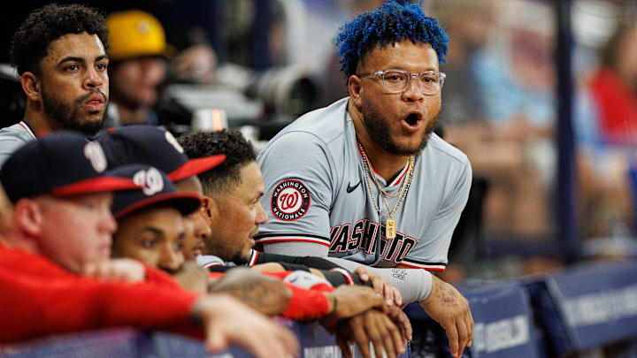 Jun 28, 2024; St. Petersburg, Florida, USA;  Washington Nationals outfielder Harold Ramirez (43) looks on from the dugout against the Tampa Bay Rays in the ninth inning at Tropicana Field. Mandatory Credit: Nathan Ray Seebeck-Imagn Images