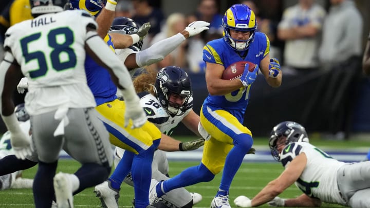 Nov 19, 2023; Inglewood, California, USA; Los Angeles Rams wide receiver Austin Trammell (81) runs against Seattle Seahawks tight end Brady Russell (38) in the second half at SoFi Stadium. Mandatory Credit: Kirby Lee-USA TODAY Sports