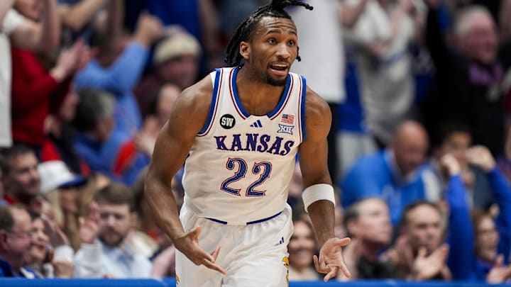 Jan 24, 2026; Columbia, Missouri, USA; Kansas Jayhawks guard Darryn Peterson (22) reacts after scoring during the first half against the BYU Cougars at Mizzou Arena. Mandatory Credit: Jay Biggerstaff-Imagn Images Jan 24, 2026; Columbia, Missouri, USA; Kansas Jayhawks guard Darryn Peterson (22) reacts after scoring during the first half against the BYU Cougars at Mizzou Arena. Mandatory Credit: Jay Biggerstaff-Imagn Images