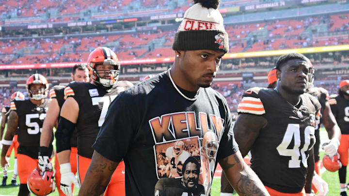 Oct 1, 2023; Cleveland, Ohio, USA; Cleveland Browns quarterback Deshaun Watson (4) walks off the