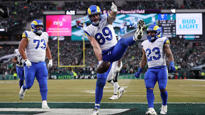 Jan 19, 2025; Philadelphia, Pennsylvania, USA; Los Angeles Rams tight end Tyler Higbee (89) celebrates after scoring a touchdown in the first quarter against the Philadelphia Eagles in a 2025 NFC divisional round game at Lincoln Financial Field. Mandatory Credit: Bill Streicher-Imagn Images Jan 19, 2025; Philadelphia, Pennsylvania, USA; Los Angeles Rams tight end Tyler Higbee (89) celebrates after scoring a touchdown in the first quarter against the Philadelphia Eagles in a 2025 NFC divisional round game at Lincoln Financial Field. Mandatory Credit: Bill Streicher-Imagn Images