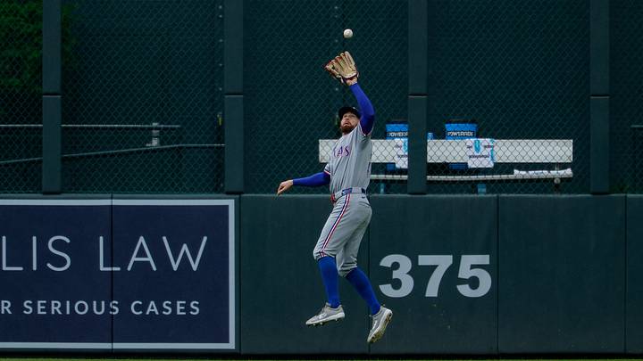 May 20, 2026; Denver, Colorado, USA; Texas Rangers right fielder Brandon Nimmo (24) makes a catch at the warning track in the third inning against the Colorado Rockies at Coors Field. Mandatory Credit: Isaiah J. Downing-Imagn Images May 20, 2026; Denver, Colorado, USA; Texas Rangers right fielder Brandon Nimmo (24) makes a catch at the warning track in the third inning against the Colorado Rockies at Coors Field. Mandatory Credit: Isaiah J. Downing-Imagn Images