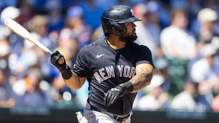 Mar 24, 2026; Mesa, Arizona, USA; New York Yankees outfielder Jasson Dominguez against the Chicago Cubs during spring training at Sloan Park. 