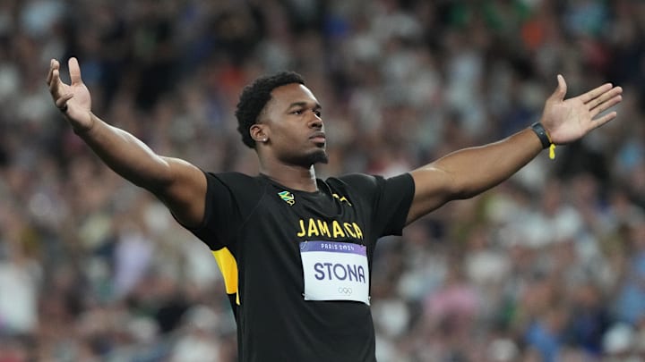 Aug 7, 2024; Saint-Denis, FRANCE; Roje Stona (JAM) reacts after winning the men's discus throw final during the Paris 2024 Olympic Summer Games at Stade de France. Mandatory Credit: Kirby Lee-USA TODAY Sports