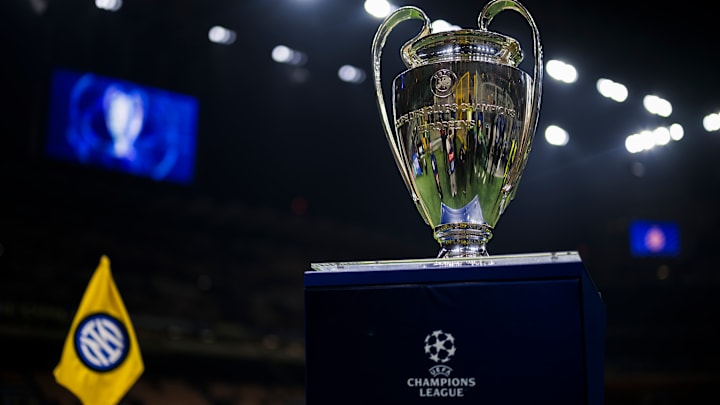The trophy of the UEFA Champions League is seen on a plinth...