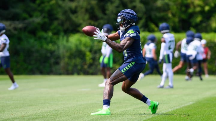 Seattle Seahawks wide receiver DK Metcalf catches a pass during training camp at Virginia Mason Athletic Center. Seattle Seahawks wide receiver DK Metcalf catches a pass during training camp at Virginia Mason Athletic Center.