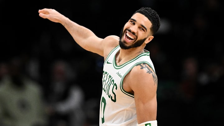 Feb 12, 2025; Boston, Massachusetts, USA; Boston Celtics forward Jayson Tatum (0) reacts after missing a shot against the San Antonio Spurs during the third quarter at the TD Garden. Mandatory Credit: Brian Fluharty-Imagn Images Feb 12, 2025; Boston, Massachusetts, USA; Boston Celtics forward Jayson Tatum (0) reacts after missing a shot against the San Antonio Spurs during the third quarter at the TD Garden. Mandatory Credit: Brian Fluharty-Imagn Images