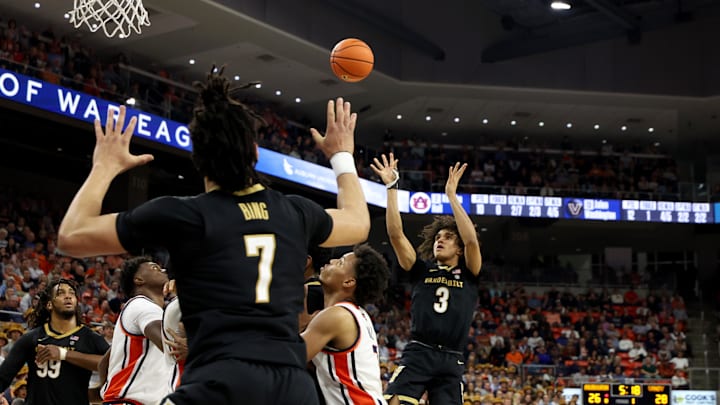 Feb 10, 2026; Auburn, Alabama, USA;  Vanderbilt Commodores guard Tyler Tanner (3) takes a shot against the Auburn Tigers during the first half at Neville Arena. Mandatory Credit: John Reed-Imagn Images