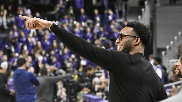 Jan 27, 2024; Evanston, Illinois, USA; Evan Turner, a former player for the Ohio State Buckeyes and former NBA player is seen pointing before the first half of the teams game against Northwestern Wildcats  at Welsh-Ryan Arena. Mandatory Credit: Matt Marton-Imagn Images