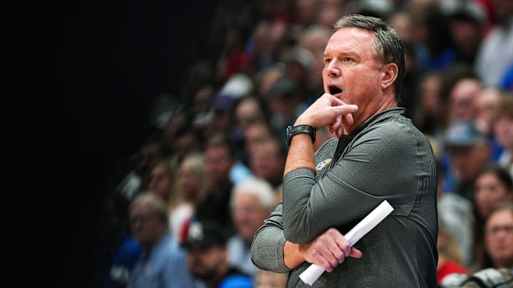 Nov 19, 2024; Lawrence, Kansas, USA; Kansas Jayhawks head coach Bill Self reacts during the second half against the North Carolina-Wilmington Seahawks at Allen Fieldhouse.