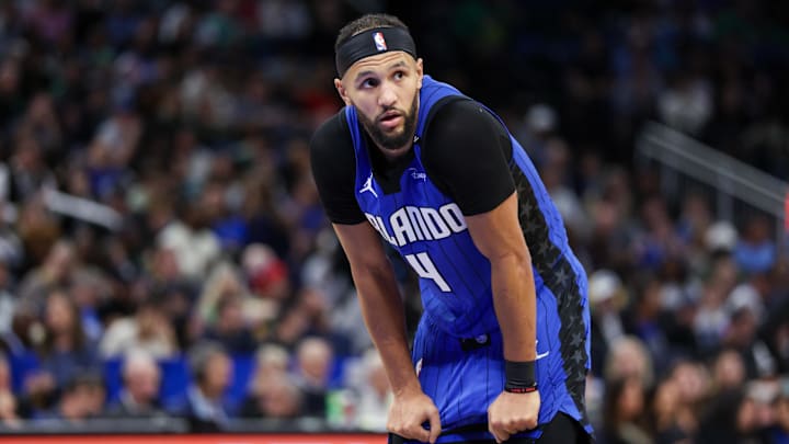 Dec 23, 2024; Orlando, Florida, USA; Orlando Magic guard Jalen Suggs (4) looks on against the Boston Celtics in the third quarter at Kia Center. Mandatory Credit: Nathan Ray Seebeck-Imagn Images