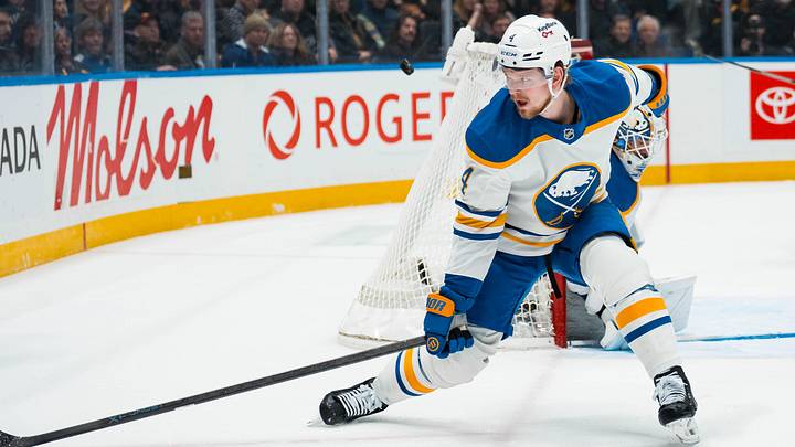 Dec 11, 2025; Vancouver, British Columbia, CAN; Buffalo Sabres defenseman Bowen Byram (4) blocks a pass against the Vancouver Canucks in the first period at Rogers Arena. Mandatory Credit: Bob Frid-Imagn Images