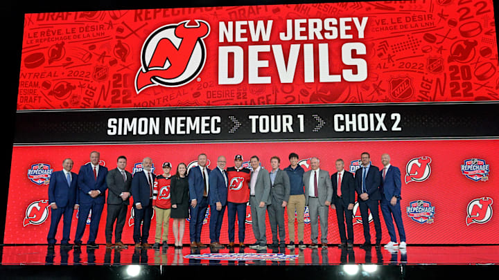 Jul 7, 2022; Montreal, Quebec, CANADA; Simon Nemec after being selected as the number two overall pick to the New Jersey Devils in the first round of the 2022 NHL Draft at Bell Centre. Mandatory Credit: Eric Bolte-Imagn Images