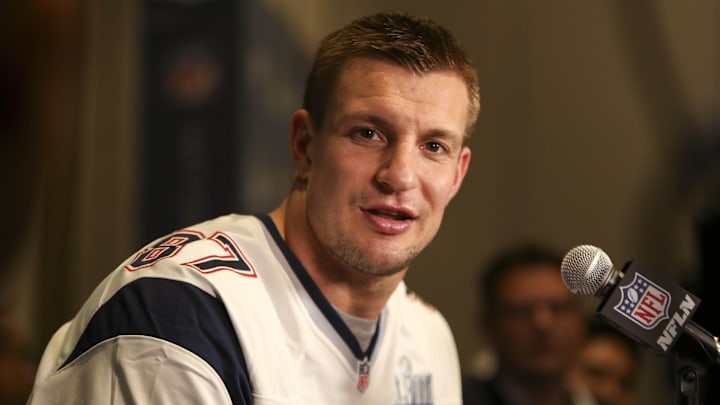 Jan 31, 2019; Atlanta, GA, USA; New England Patriots tight end Rob Gronkowski (87) addresses the media at a press conference for Super Bowl LIII at Hyatt Regency Atlanta. Mandatory Credit: Brett Davis-Imagn Images