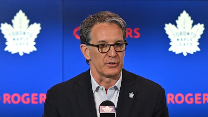 Jun 1, 2023; Toronto, Ontario, CANADA; Toronto Maple Leafs president Brendan Shanahan speaks as he introduces new general manager Brad Treliving at a media conference at Scotiabank Arena. Mandatory Credit: Dan Hamilton-Imagn Images