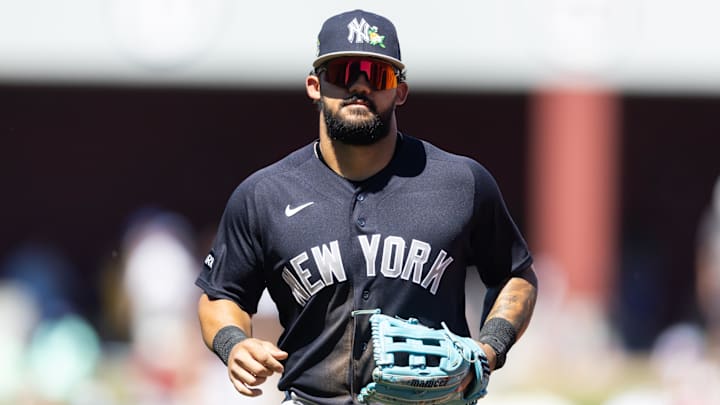 New York Yankees outfielder Jasson Dominguez against the Chicago Cubs during spring training at Sloan Park.