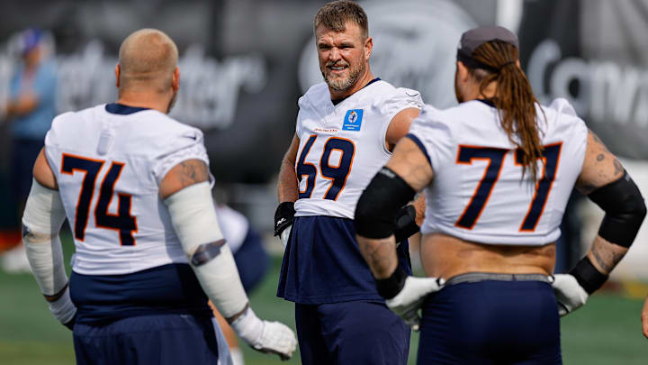 Jul 26, 2024; Englewood, CO, USA; Denver Broncos offensive tackle Mike McGlinchey (69) and guard Ben Powers (74) and guard Quinn Meinerz (77) during training camp at Broncos Park Powered by CommonSpirit. Mandatory Credit: Isaiah J. Downing-Imagn Images Jul 26, 2024; Englewood, CO, USA; Denver Broncos offensive tackle Mike McGlinchey (69) and guard Ben Powers (74) and guard Quinn Meinerz (77) during training camp at Broncos Park Powered by CommonSpirit. Mandatory Credit: Isaiah J. Downing-Imagn Images