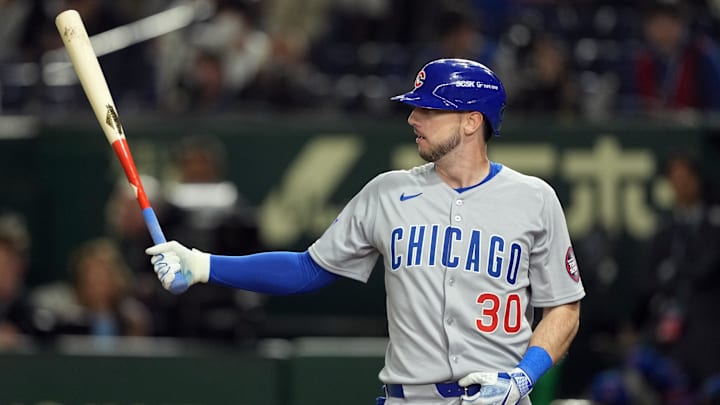 Mar 19, 2025; Bunkyo, Tokyo, JPN; Chicago Cubs right fielder Kyle Tucker (30) bats against the Los Angeles Dodgers during the ninth inning during the Tokyo Series at Tokyo Dome. 
