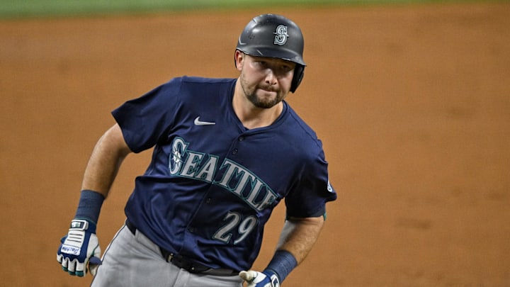 Seattle Mariners designated hitter Cal Raleigh (29) rounds the bases after he hits a home run against the Texas Rangers during the third inning at Globe Life Field on Sept 22.
