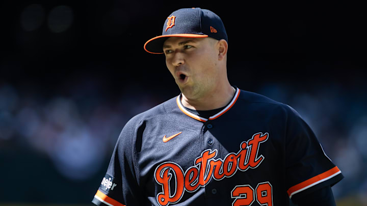 Apr 1, 2026; Phoenix, Arizona, USA; Detroit Tigers pitcher Tarik Skubal reacts against the Arizona Diamondbacks at Chase Field. Mandatory Credit: Mark J. Rebilas-Imagn Images