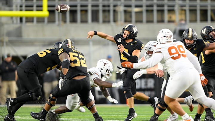 Oct 26, 2024; Nashville, Tennessee, USA;  Vanderbilt Commodores quarterback Diego Pavia (2) passes the ball against the Texas Longhorns during the second half at FirstBank Stadium. Mandatory Credit: Steve Roberts-Imagn Images