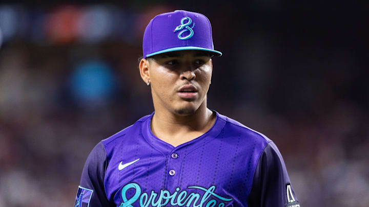 May 9, 2025; Phoenix, Arizona, USA; Arizona Diamondbacks pitcher Cristian Mena against the Los Angeles Dodgers at Chase Field. Mandatory Credit: Mark J. Rebilas-Imagn Images