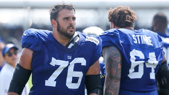 Aug 4, 2025; East Rutherford, NJ, USA; New York Giants guard Jon Runyan (76) on the field during training camp at Quest Diagnostics Training Center. Mandatory Credit: Vincent Carchietta-Imagn Images