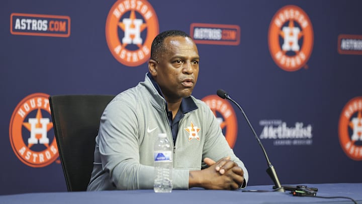 Aug 1, 2023; Houston, Texas, USA; Houston Astros general manager Dana Brown speaks with media before the game against the Cleveland Guardians at Minute Maid Park. Aug 1, 2023; Houston, Texas, USA; Houston Astros general manager Dana Brown speaks with media before the game against the Cleveland Guardians at Minute Maid Park.