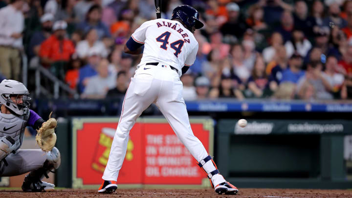 Jun 26, 2024; Houston, Texas, USA; Houston Astros left fielder Yordan Alvarez (44) is hit by a pitch against the Colorado Rockies during the fourth inning at Minute Maid Park