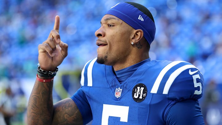 Sep 7, 2025; Indianapolis, Indiana, USA; Indianapolis Colts quarterback Anthony Richardson Sr. (5) warms up before a game against the Miami Dolphins at Lucas Oil Stadium. Mandatory Credit: Trevor Ruszkowski-Imagn Images