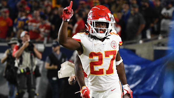 Nov 19, 2018; Los Angeles, CA: Kansas City Chiefs running back Kareem Hunt (27) celebrates scoring in the second quarter against the Los Angeles Rams at the Los Angeles Memorial Coliseum. Mandatory Credit: Robert Hanashiro-Imagn Images